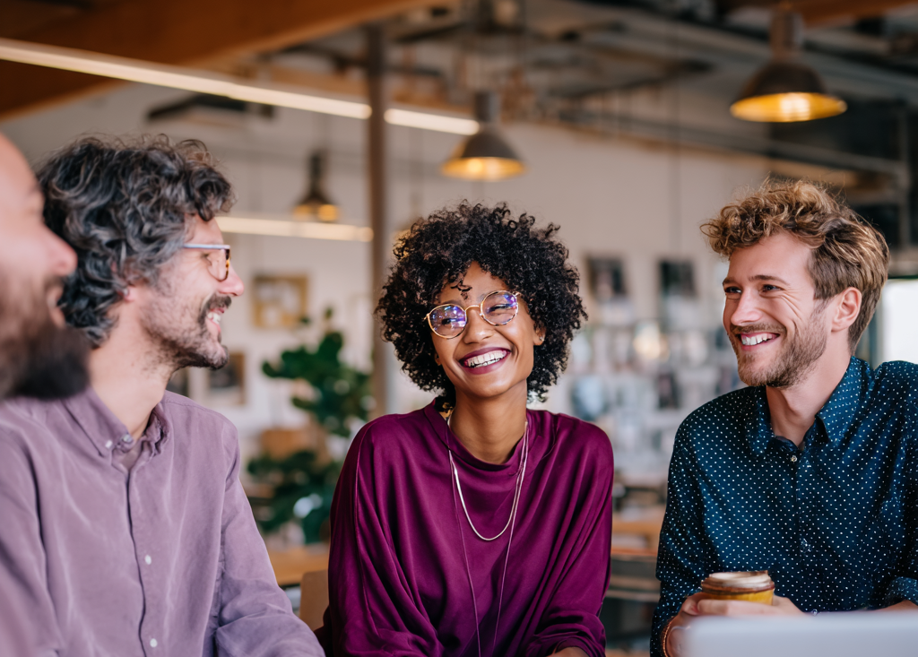 Vier collega's in een kantoor die lachend met elkaar in gesprek zijn, twee mannen en een vrouw met krullend haar op de voorgrond.