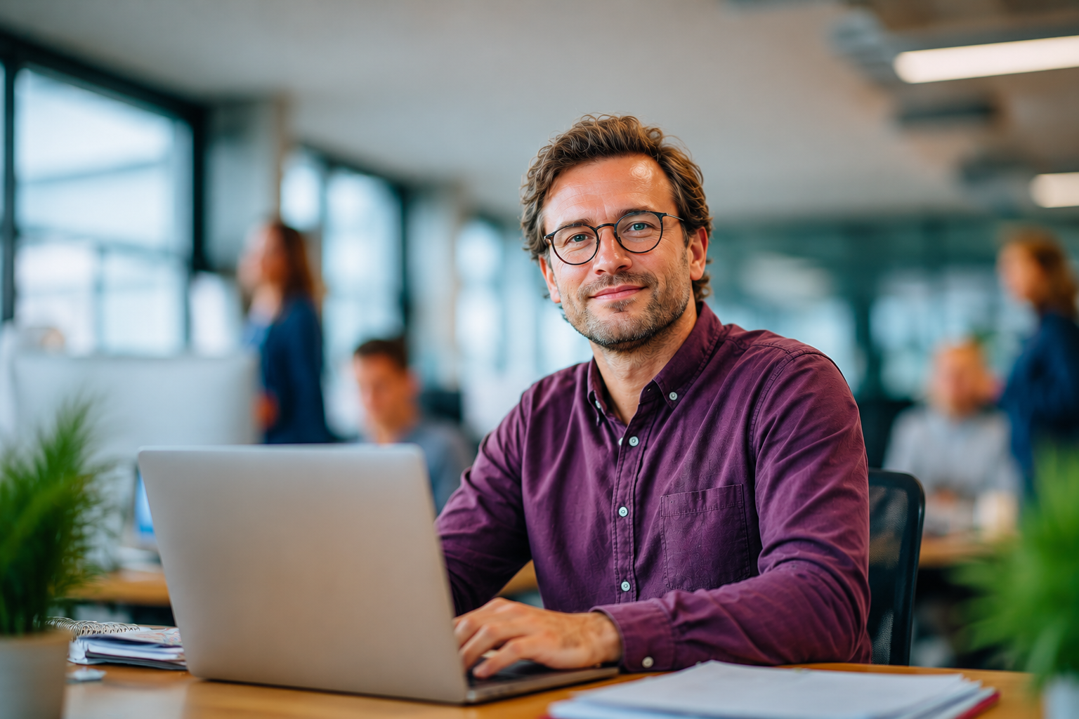 Man met bril en paars overhemd zit achter een laptop en kijkt glimlachend in de camera, op de achtergrond een druk kantoor.
