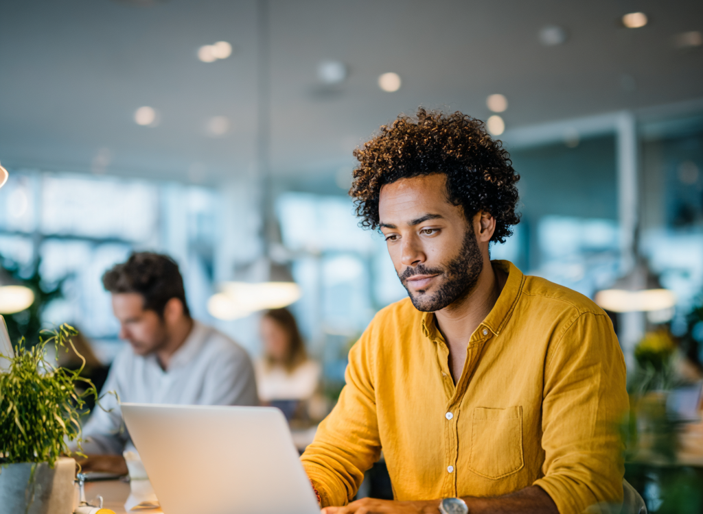 Man met krullend haar in een gele blouse kijkt geconcentreerd naar zijn laptopscherm.