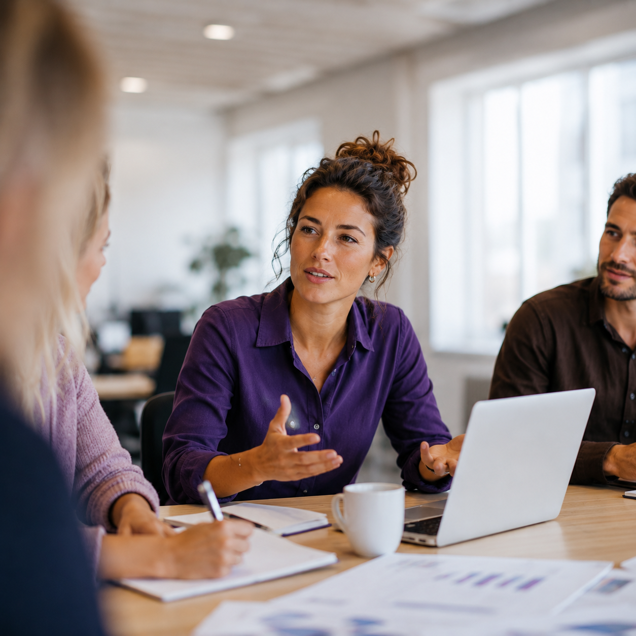 Vrouw in paarse blouse legt iets uit met gebarende handen tijdens een teamoverleg, twee collega's luisteren aan tafel.