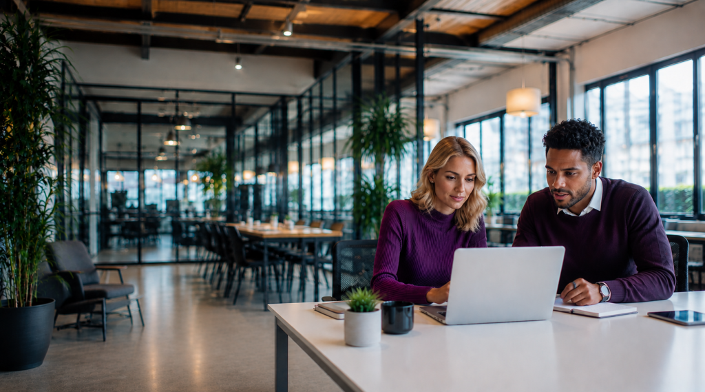 Twee professionals werken samen achter een laptop in een moderne kantooromgeving.