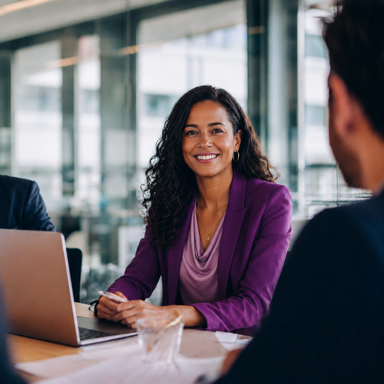 Vrouw in een paarse blazer voert een gesprek tijdens een vergadering met collega's aan tafel.
