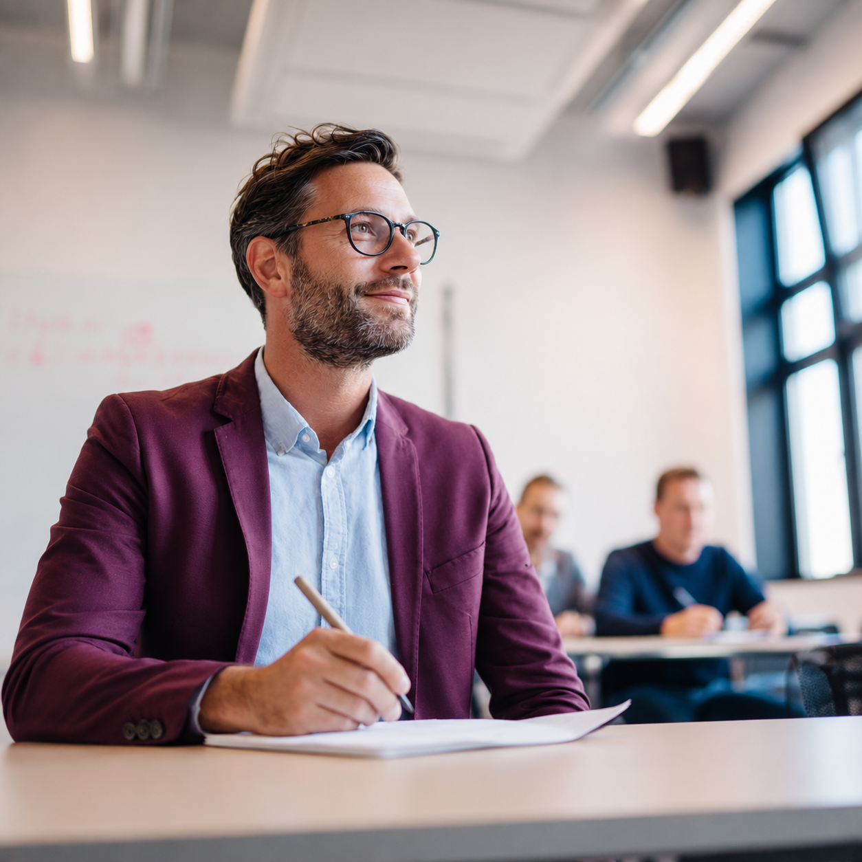 Man in een paarse blazer maakt aantekeningen tijdens een opleiding of training in een lichte lesruimte, met cursisten op de achtergrond.