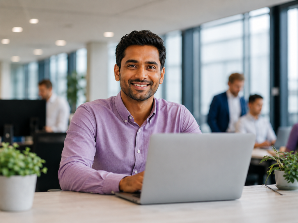 Man zit achter een laptop aan een bureau in een moderne kantooromgeving. De persoon draagt een lichtpaarse blouse en kijkt richting de camera. Op de achtergrond zijn werkplekken, grote ramen en enkele collega’s onscherp zichtbaar.