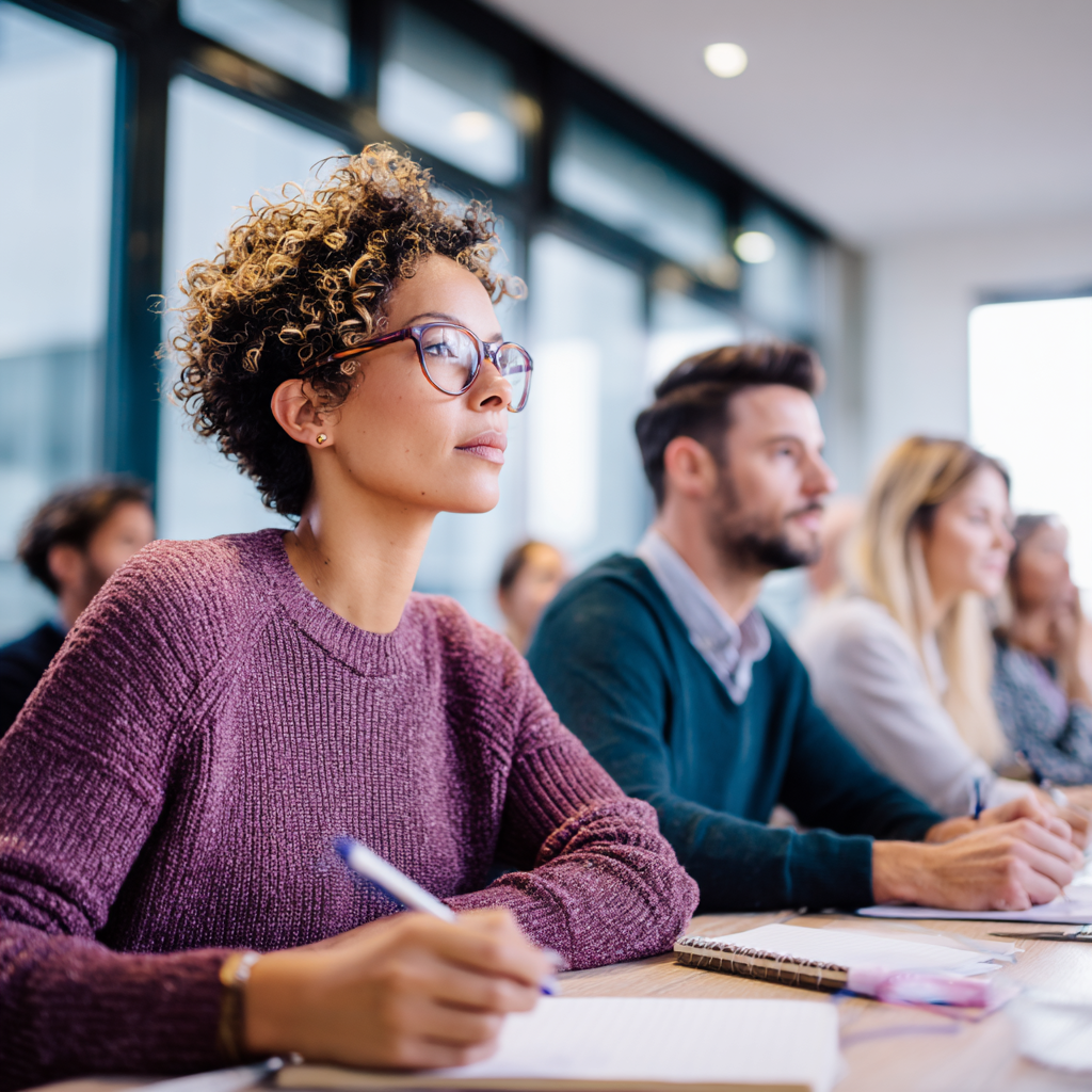Vrouw met bril en krullend haar volgt aandachtig een cursus, met aantekeningen makende collega's op de achtergrond.