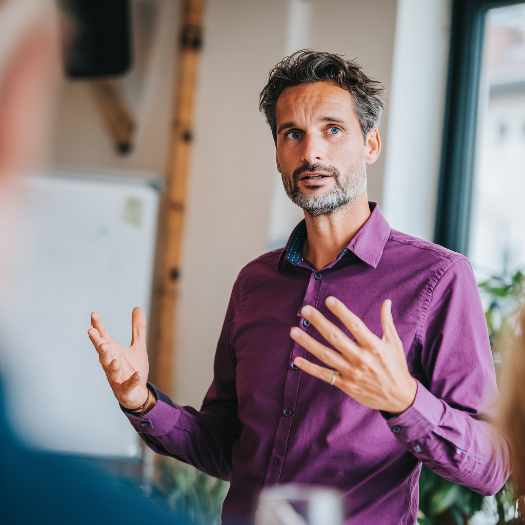 Man in een paars overhemd geeft een presentatie aan collega's in een vergaderruimte.
