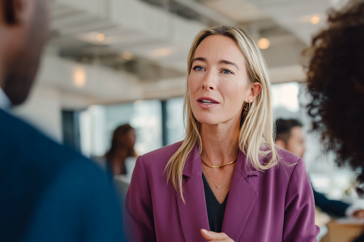 Vrouw met schouderlang licht haar draagt een paarse blazer en donkere top en staat in gesprek met twee andere personen in een moderne kantooromgeving. Op de achtergrond zijn werkplekken en collega's onscherp zichtbaar.