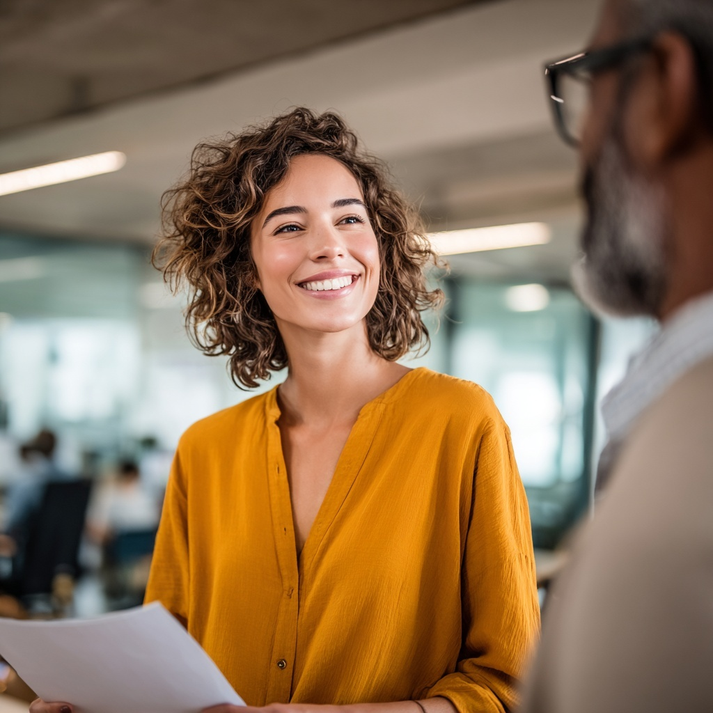 Vrouw met krullend haar in gele blouse glimlacht met een papier in haar hand tijdens een gesprek met een collega.
