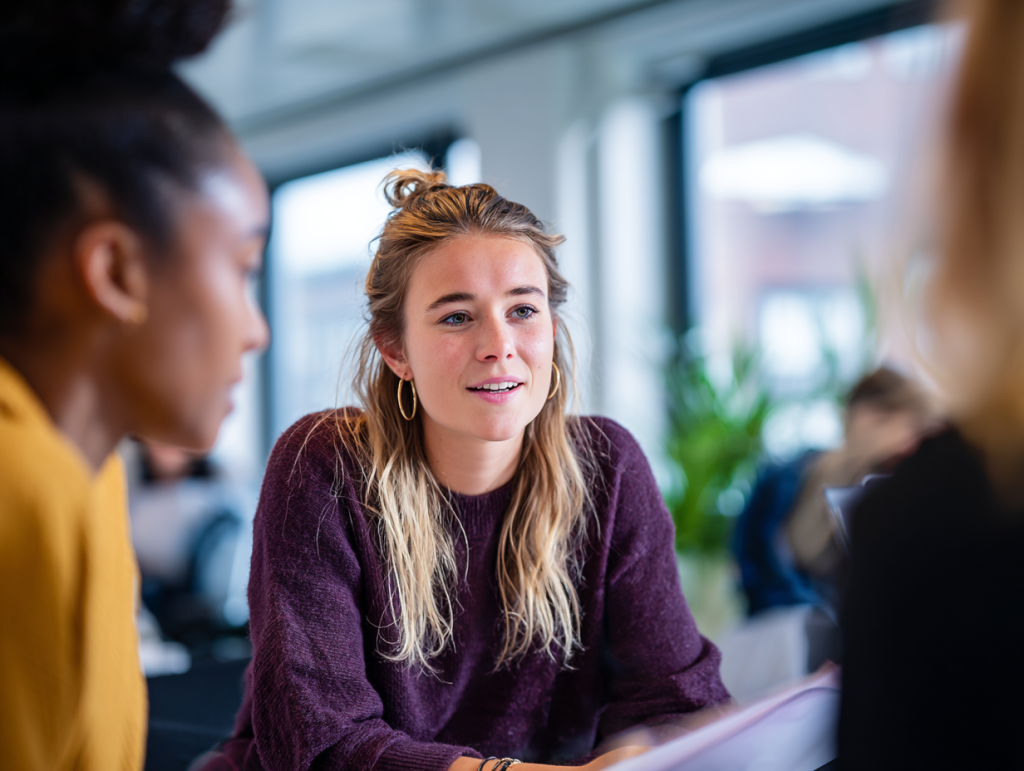 Vrouw met lang haar, gedeeltelijk opgestoken, draagt een donkerpaarse trui en zit in gesprek met collega's in een moderne kantooromgeving. Op de voorgrond en achtergrond zijn andere personen onscherp zichtbaar, terwijl de focus ligt op de persoon in het midden.