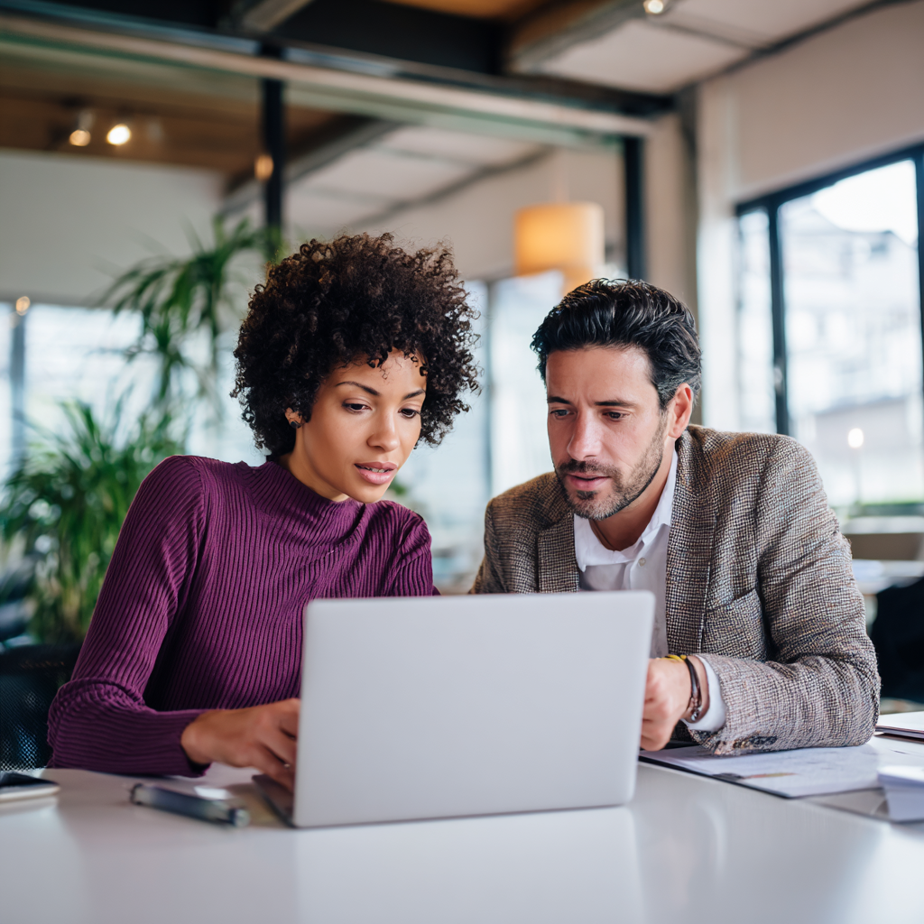 Vrouw in bordeauxrode trui en man in tweed jasje kijken samen geconcentreerd naar een laptopscherm.