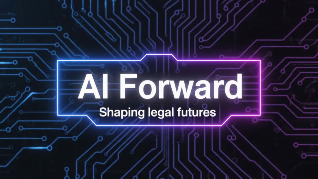 Logo ‘AI Forward – Shaping legal futures’ in een blauw-paarse neonstijl tegen een achtergrond met elektronische circuits.