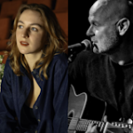 Portretten van een vrouwelijke zangeres en een mannelijke muzikant met gitaar tegen een donkere achtergrond.