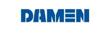 Logo van Damen in blauwe letters.