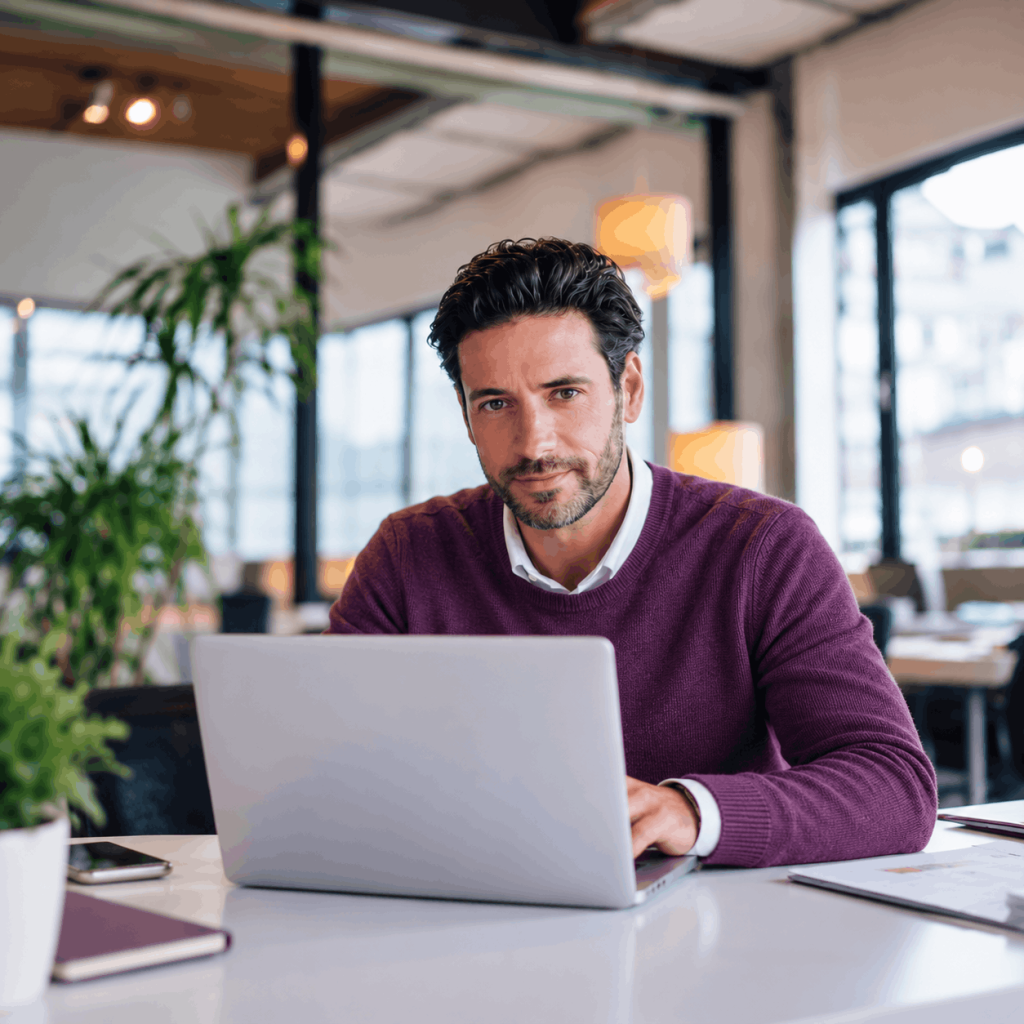 Man met paarse trui achter een laptop in een kantoorsetting