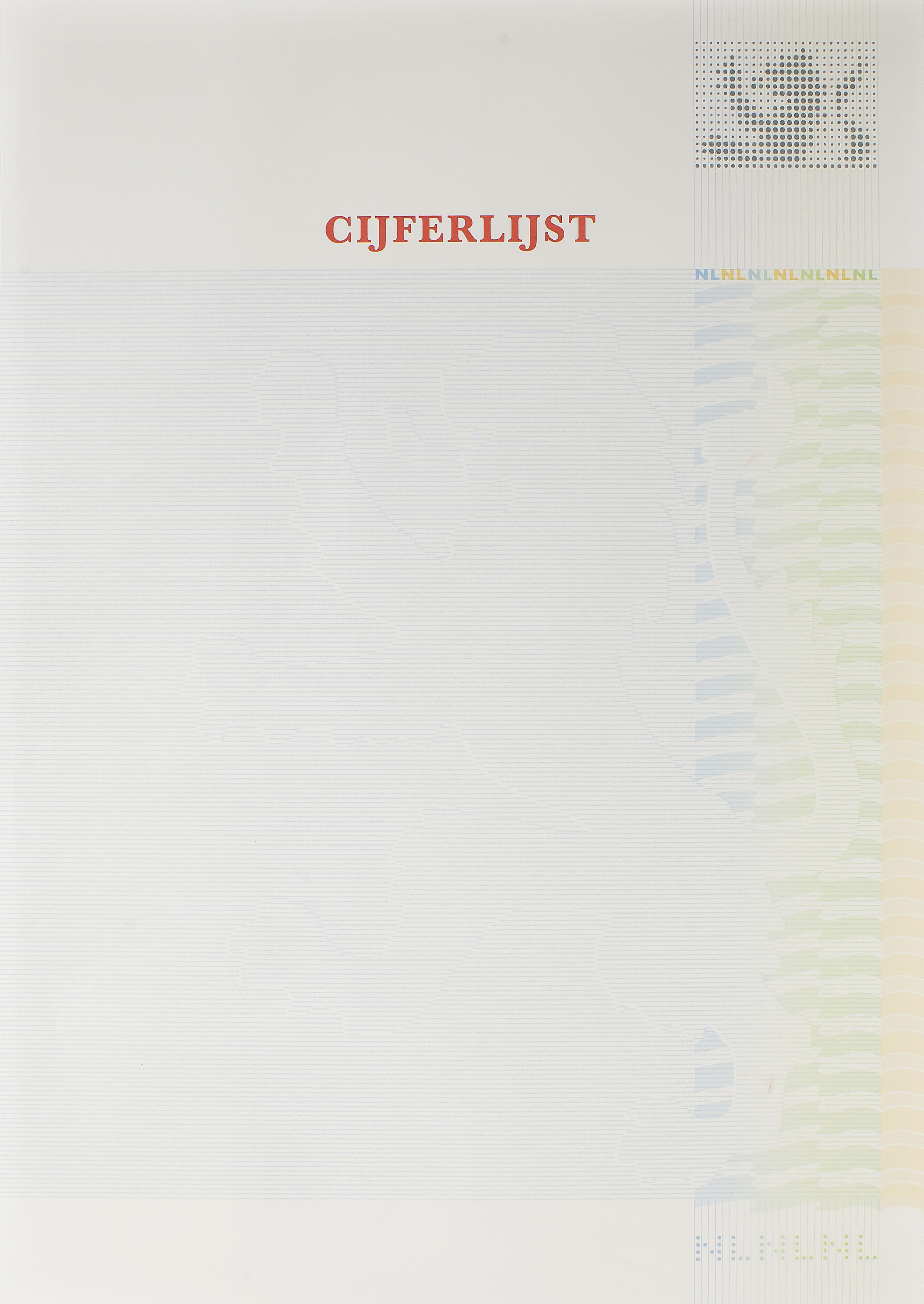 Beveiligd waardedocument cijferlijst, NNC fullcolour, 90 gr., met titel 'cijferlijst' (pak à 100)