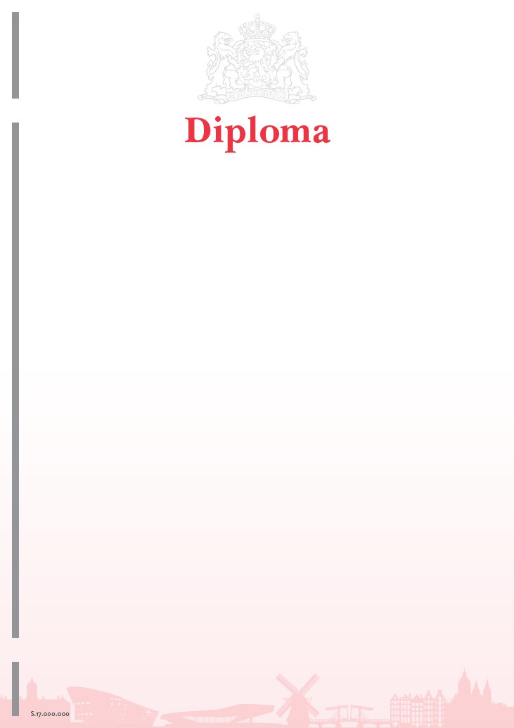 Beveiligd waardedoc diploma, 120gr, rood, skyline Amsterdam met blinddruk en 'DIPLOMA' (pak a 100)