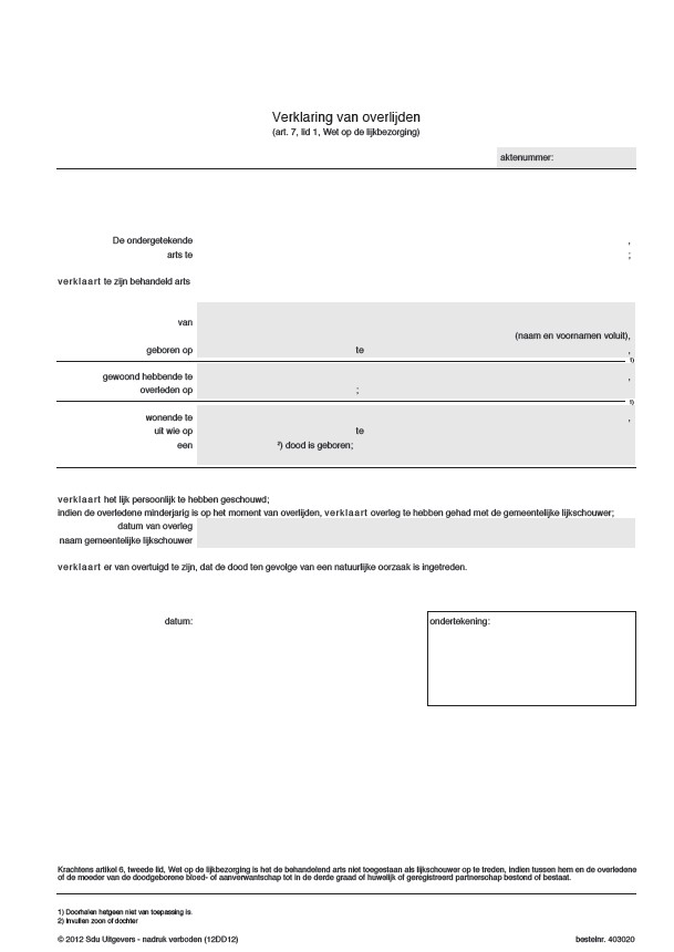 Verklaring van overlijden door geneeskundige (pak 25)